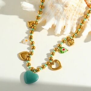 Green Heart Charm Necklace • Gold Beaded